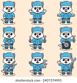 Mascot cartoon of cute Wolf wearing mechanic uniform and cap. Cute Wolf  illustration. Character animal. Mechanic cartoon set. Vector illustration in isolated background. 