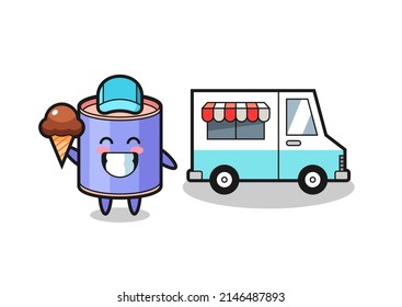 Mascot Cartoon Of Cylinder Piggy Bank With Ice Cream Truck , Cute Design