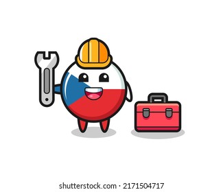 Mascot cartoon of czech flag badge as a mechanic , cute style design for t shirt, sticker, logo element