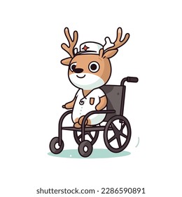 Mascot cartoon of deer doctor on wheel chair. 2d character of disability vector illustration in isolated background