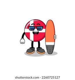 Mascot cartoon of denmark flag as a surfer , character design