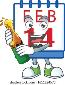 mascot cartoon design of 14th valentine calendar with bottle of beer