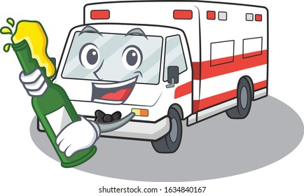 mascot cartoon design of ambulance with bottle of beer