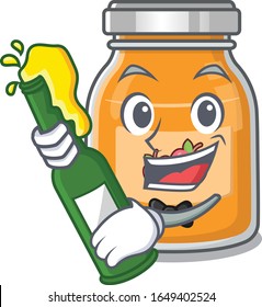 mascot cartoon design of apple jam with bottle of beer