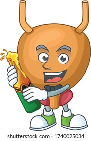 Mascot cartoon design of bladder making toast with a bottle of beer