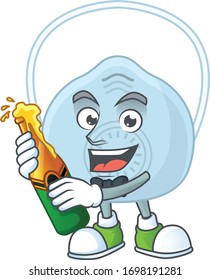Mascot cartoon design of breathing mask making toast with a bottle of beer