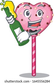 mascot cartoon design of candy heart lollipop with bottle of beer
