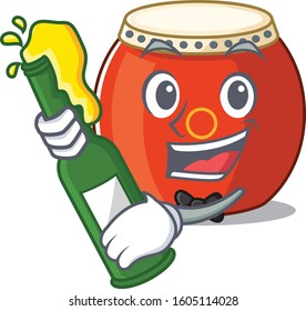 mascot cartoon design of chinese drum with bottle of beer