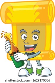 mascot cartoon design of chinese gold scroll with bottle of beer