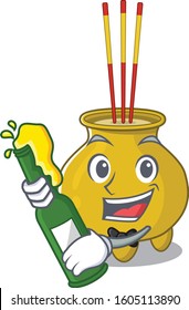 mascot cartoon design of chinese incense with bottle of beer