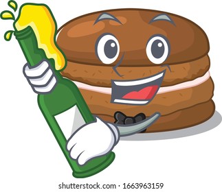 mascot cartoon design of chocolate macaron with bottle of beer