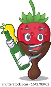 mascot cartoon design of chocolate strawberry with bottle of beer