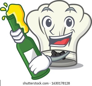 mascot cartoon design of cook hat with bottle of beer