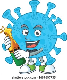 Mascot cartoon design of coronavirus backteria making toast with a bottle of beer