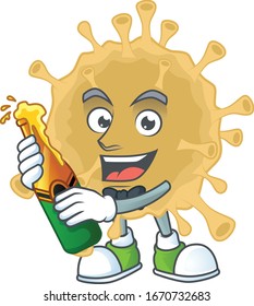 mascot cartoon design of coronavirus particle with bottle of beer