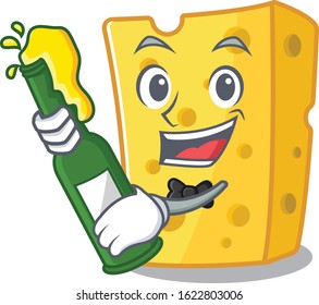 mascot cartoon design of emmental cheese with bottle of beer