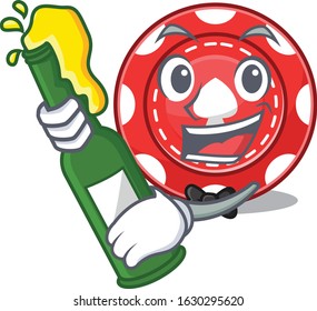 mascot cartoon design of gambling chip with bottle of beer