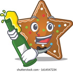 mascot cartoon design of gingerbread star with bottle of beer