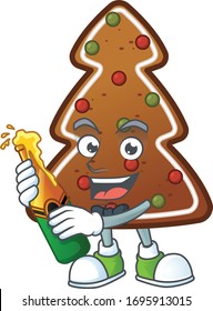 Mascot cartoon design of gingerbread tree making toast with a bottle of beer