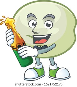 mascot cartoon design of green hoppang with bottle of beer