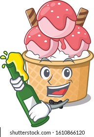 mascot cartoon design of ice cream sundae with bottle of beer