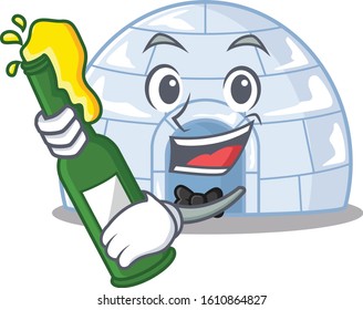 mascot cartoon design of igloo with bottle of beer