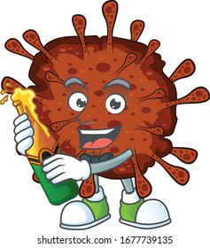 mascot cartoon design of infection coronavirus with bottle of beer