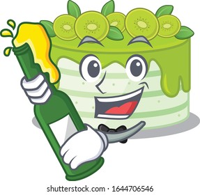 mascot cartoon design of kiwi cake with bottle of beer