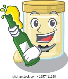mascot cartoon design of macadamia nut butter with bottle of beer