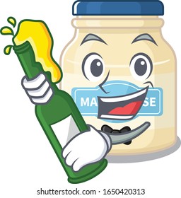 mascot cartoon design of mayonnaise with bottle of beer