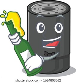 mascot cartoon design of oil filter with bottle of beer