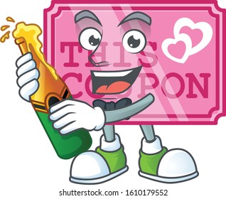 mascot cartoon design of pink love coupon with bottle of beer