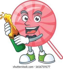 mascot cartoon design of pink round lollipop with bottle of beer