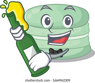 mascot cartoon design of pistachio macaron with bottle of beer