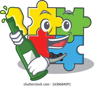 mascot cartoon design of puzzle toy with bottle of beer