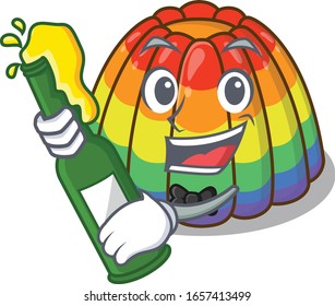 mascot cartoon design of rainbow jelly with bottle of beer