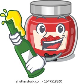 mascot cartoon design of raspberry jam with bottle of beer