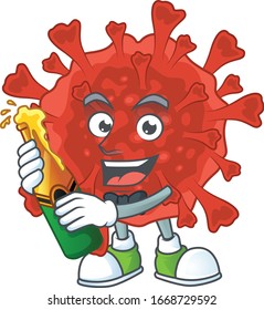 mascot cartoon design of red corona virus with bottle of beer