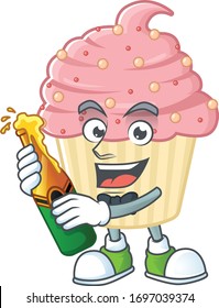 Mascot cartoon design of strawberry cupcake making toast with a bottle of beer