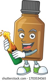 Mascot cartoon design of syrup cure bottle making toast with a bottle of beer