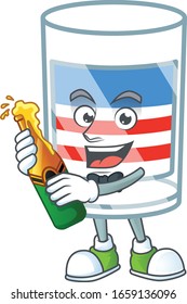 mascot cartoon design of USA stripes glass having a bottle of beer