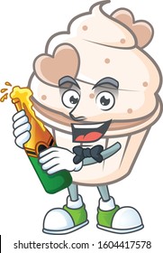 mascot cartoon design of white cream love cupcake with bottle of beer
