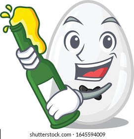mascot cartoon design of white egg with bottle of beer
