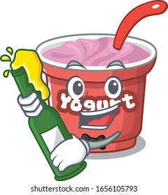 mascot cartoon design of yogurt with bottle of beer