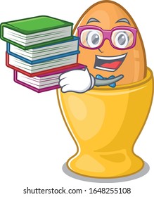 mascot cartoon of egg cup studying with book