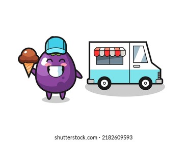 Mascot cartoon of eggplant with ice cream truck , cute style design for t shirt, sticker, logo element