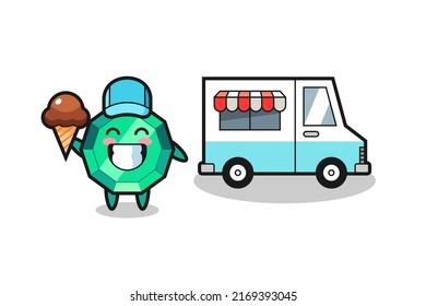 Maskottkartoon aus smaragdfarbenem Edelstein mit Eis-LKW , süßes Design für T-Shirt, Aufkleber, Logo-Element