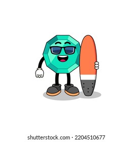 Mascot cartoon of emerald gemstone as a surfer , character design