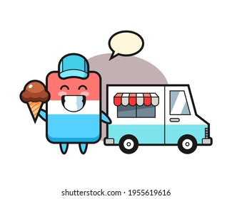 Mascot cartoon of eraser with ice cream truck, cute style design for t shirt, sticker, logo element