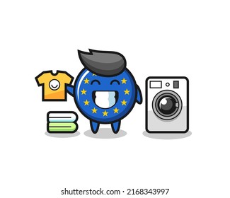 Mascot cartoon of europe flag badge with washing machine , cute style design for t shirt, sticker, logo element